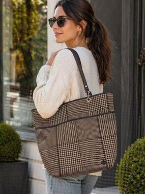 Ralph Lauren Brown Plaid Tote with Dark Leather Straps